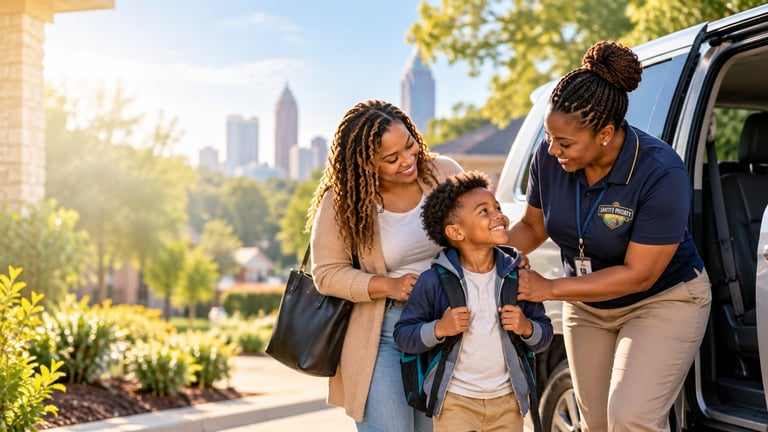 Two women and a young boy standing by a car with a city skyline in the background on a sunny day