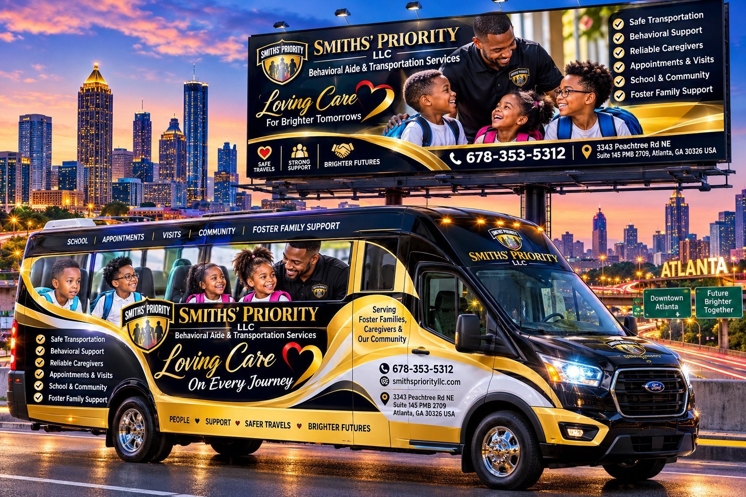 Smiths Priority Loving Care mobile van and billboard advertisement with Atlanta cityscape at dusk featuring elderly care services