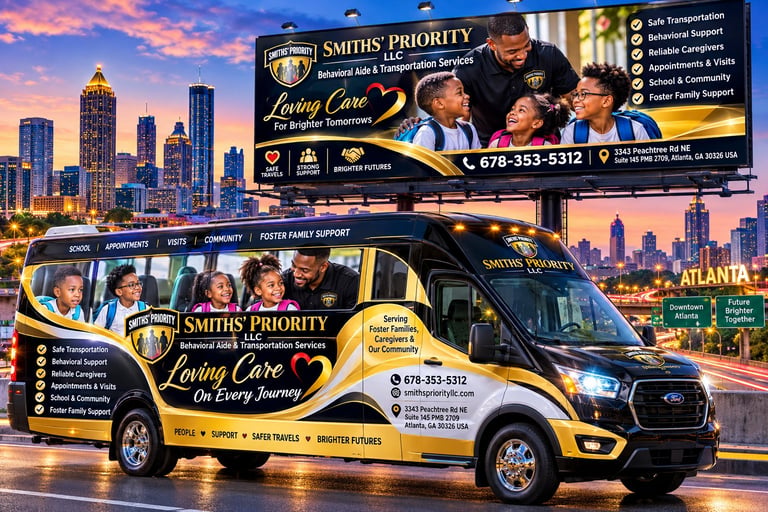 Smiths Priority Loving Care mobile van and billboard advertisement with Atlanta cityscape at dusk featuring elderly care services
